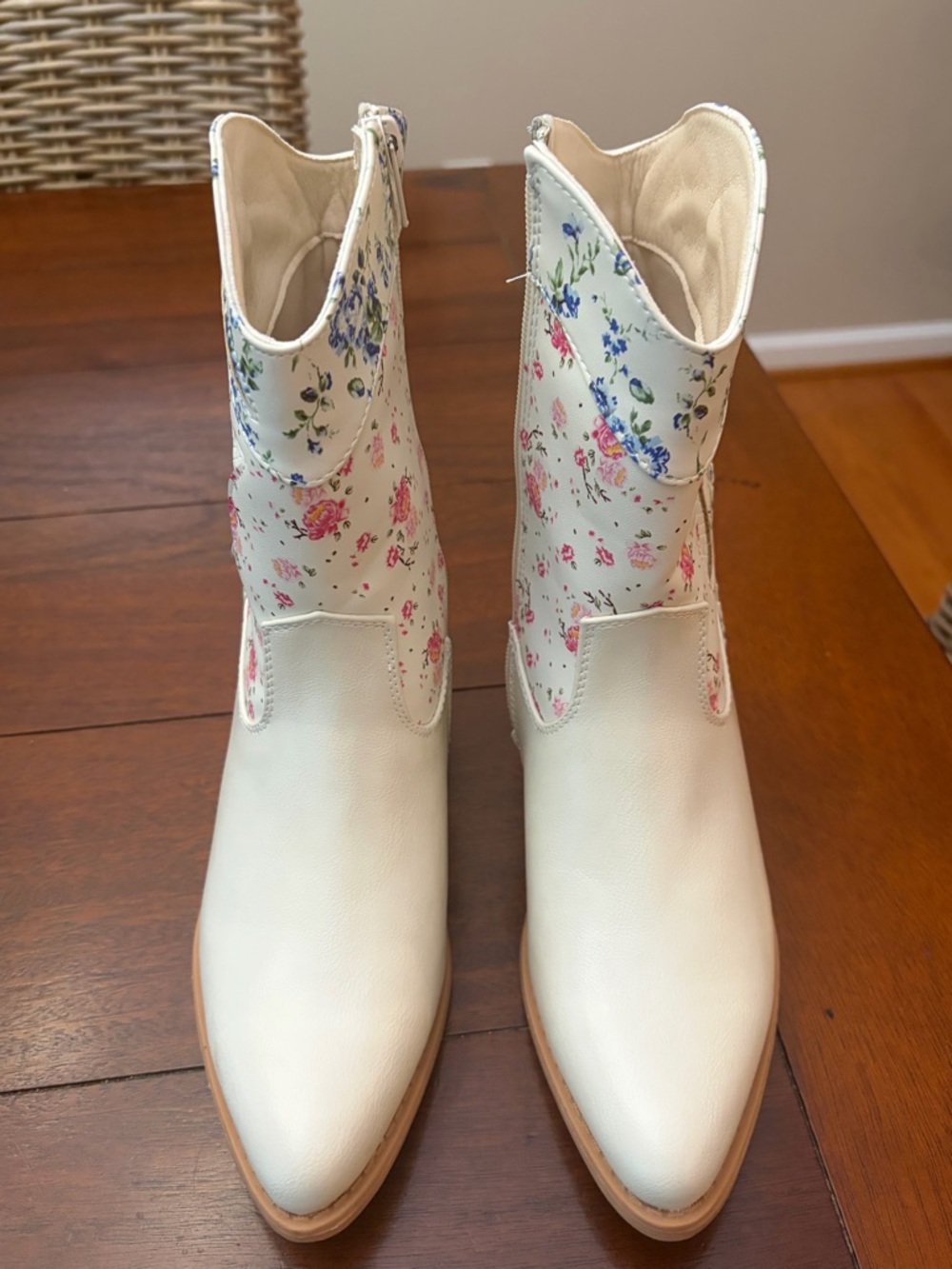 Pierre Dumas Ivory Floral Ankle Boots with Pink & Blue Accents